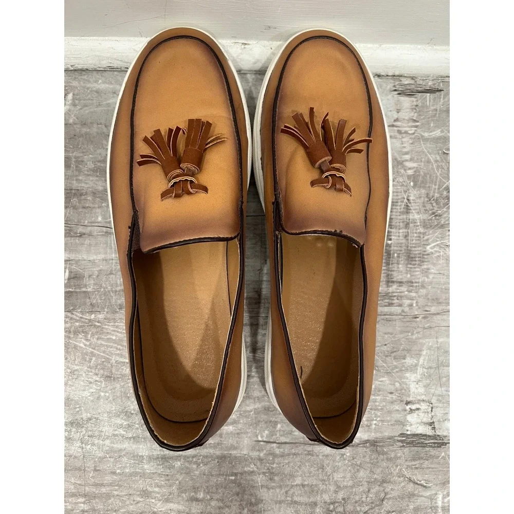 Tassel Loafers Mens Size 44 Brown Leather Slip On Burnished Sneaker Sole